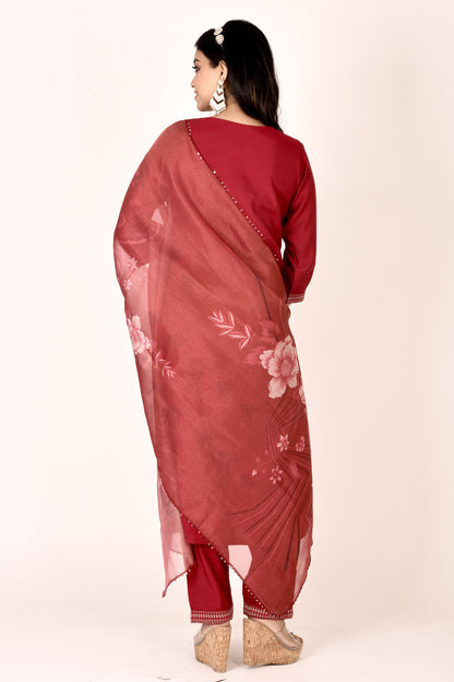 Chili Red Embroidered Kurta With Pant & Dupatta