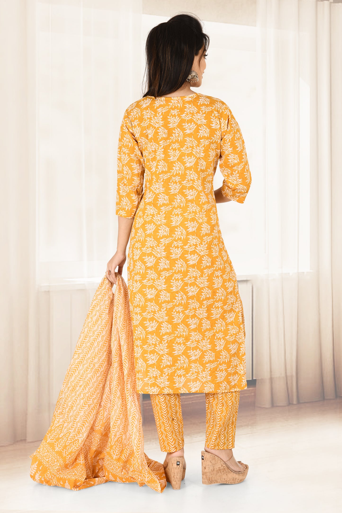 Mustard Yellow Floral Print Kurta With Pant & Dupatta