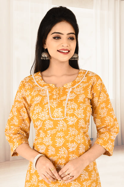 Mustard Yellow Floral Print Kurta With Pant & Dupatta