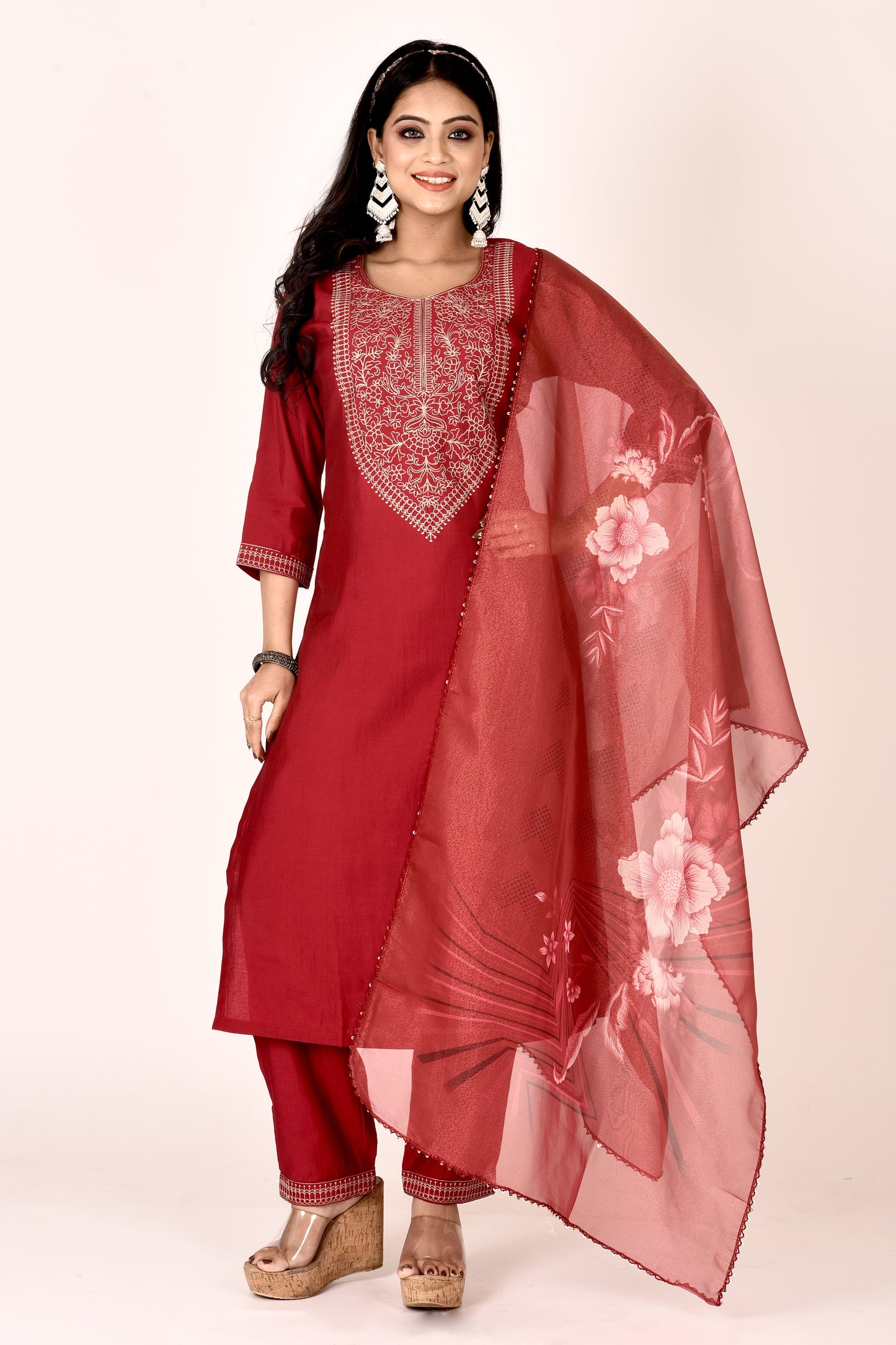 Chili Red Embroidered Kurta With Pant & Dupatta