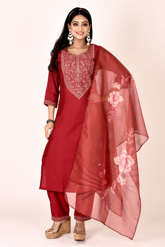 Chili Red Embroidered Kurta With Pant & Dupatta