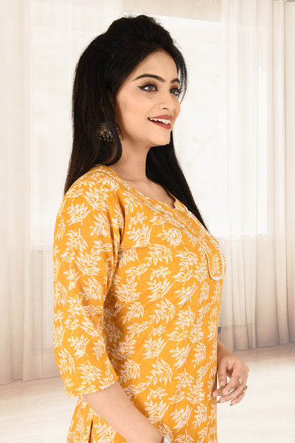 Mustard Yellow Floral Print Kurta With Pant & Dupatta