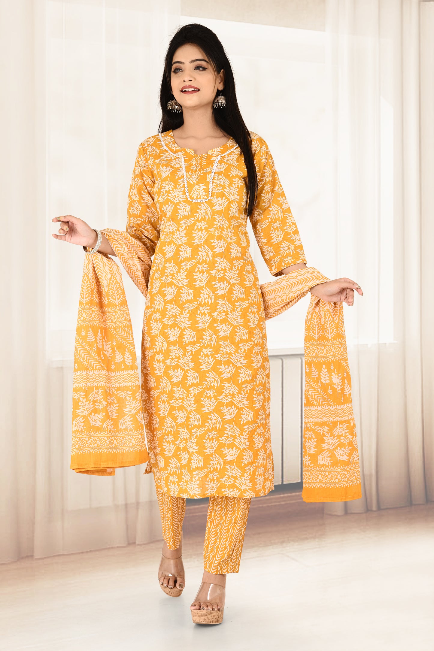 Mustard Yellow Floral Print Kurta With Pant & Dupatta