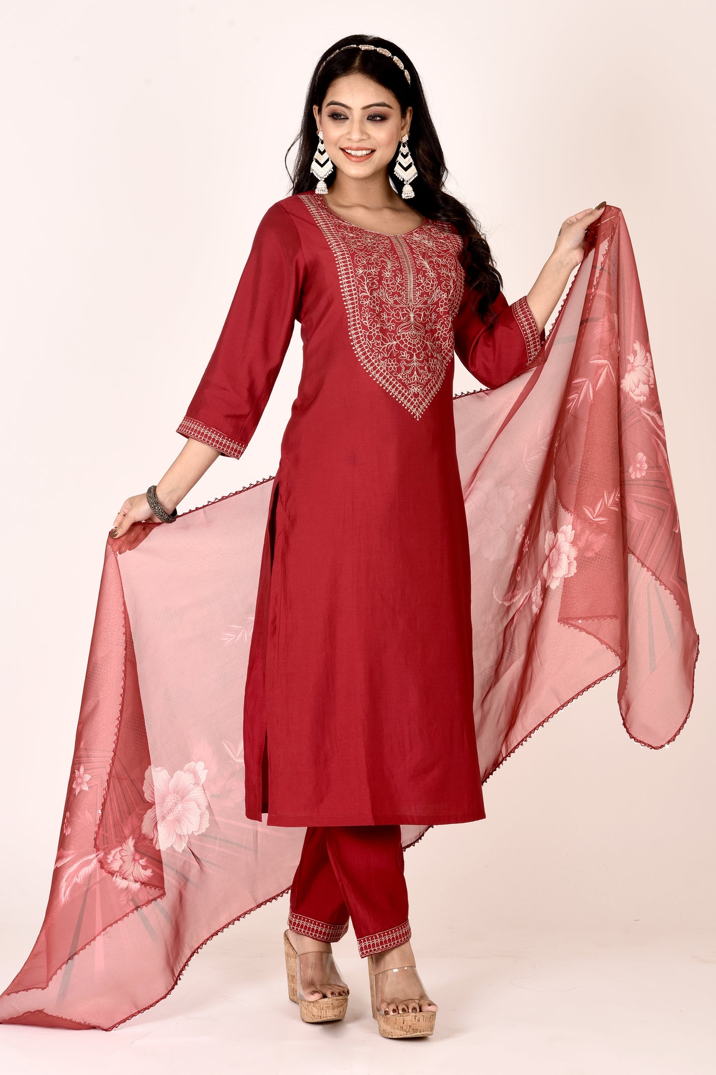 Chili Red Embroidered Kurta With Pant & Dupatta