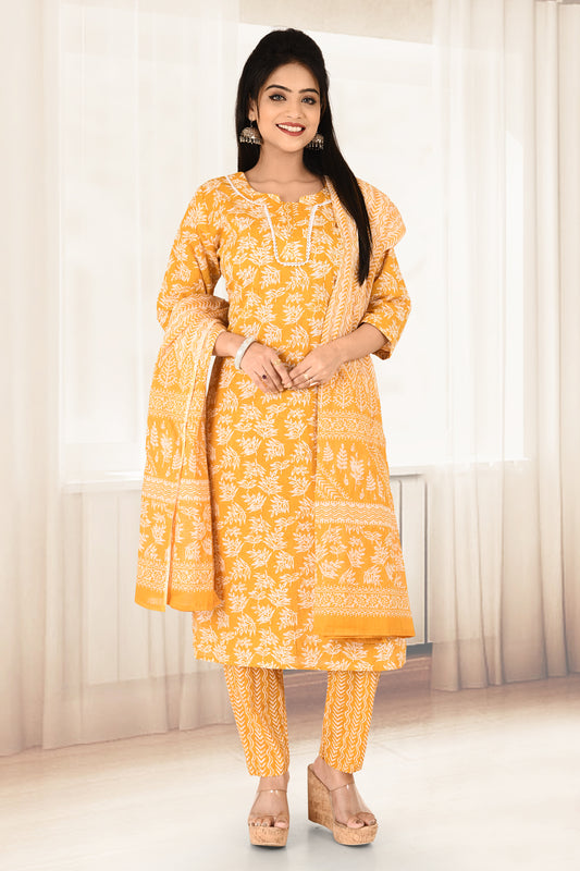 Mustard Yellow Floral Print Kurta With Pant & Dupatta