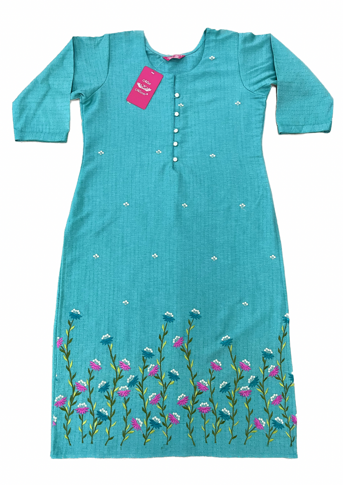 Aqua Blue Floral Embroidered Straight Kurta