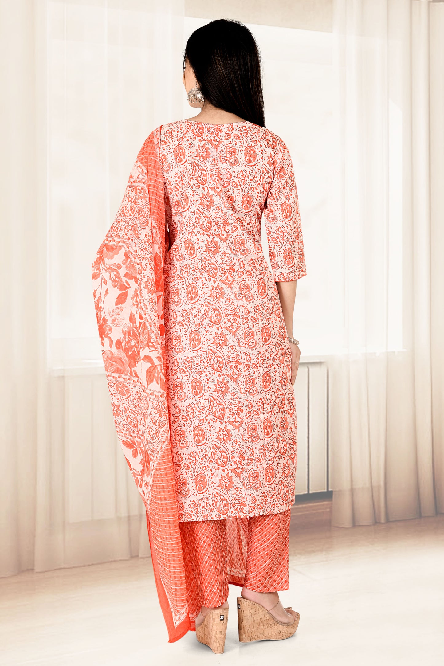 Orange Floral Print Kurta With Pant & Dupatta