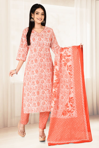 Orange Floral Print Kurta With Pant & Dupatta