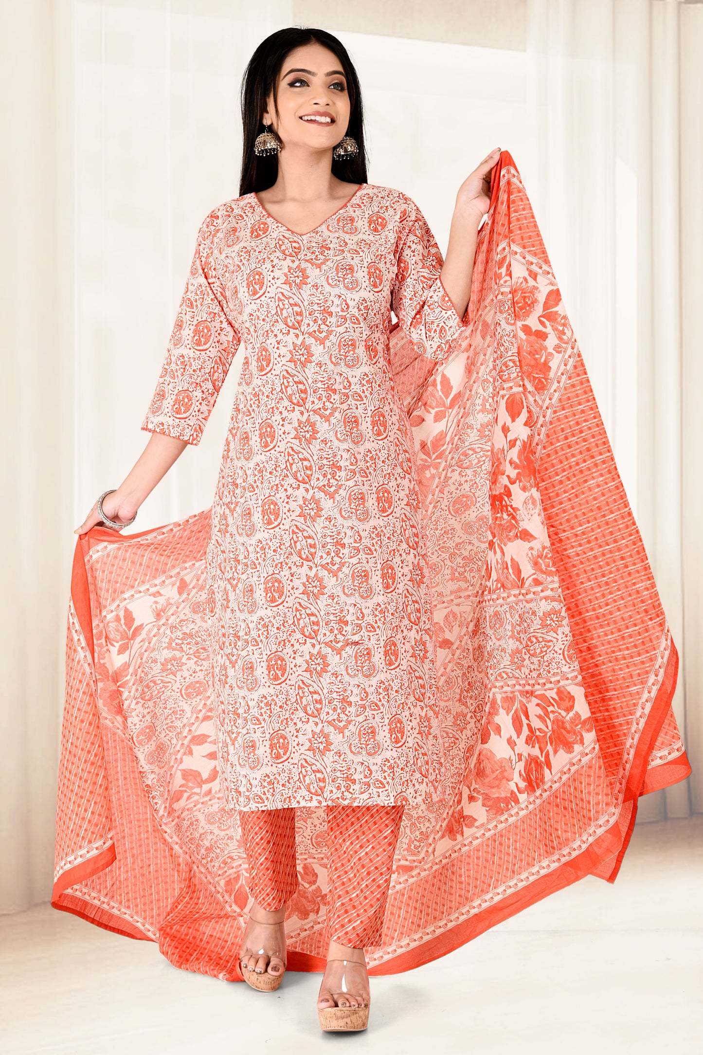 Orange Floral Print Kurta With Pant & Dupatta