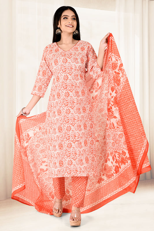 Orange Floral Print Kurta Set with Dupatta