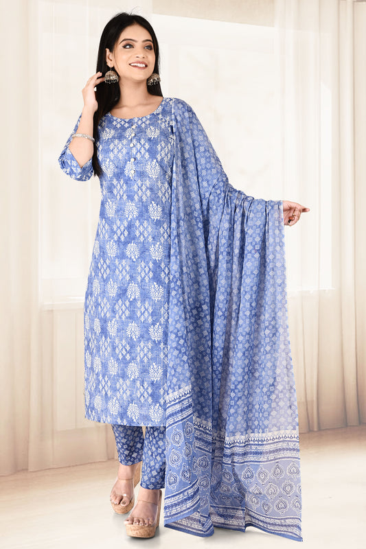 Ink Blue Floral Print Kurta With Pant & Dupatta