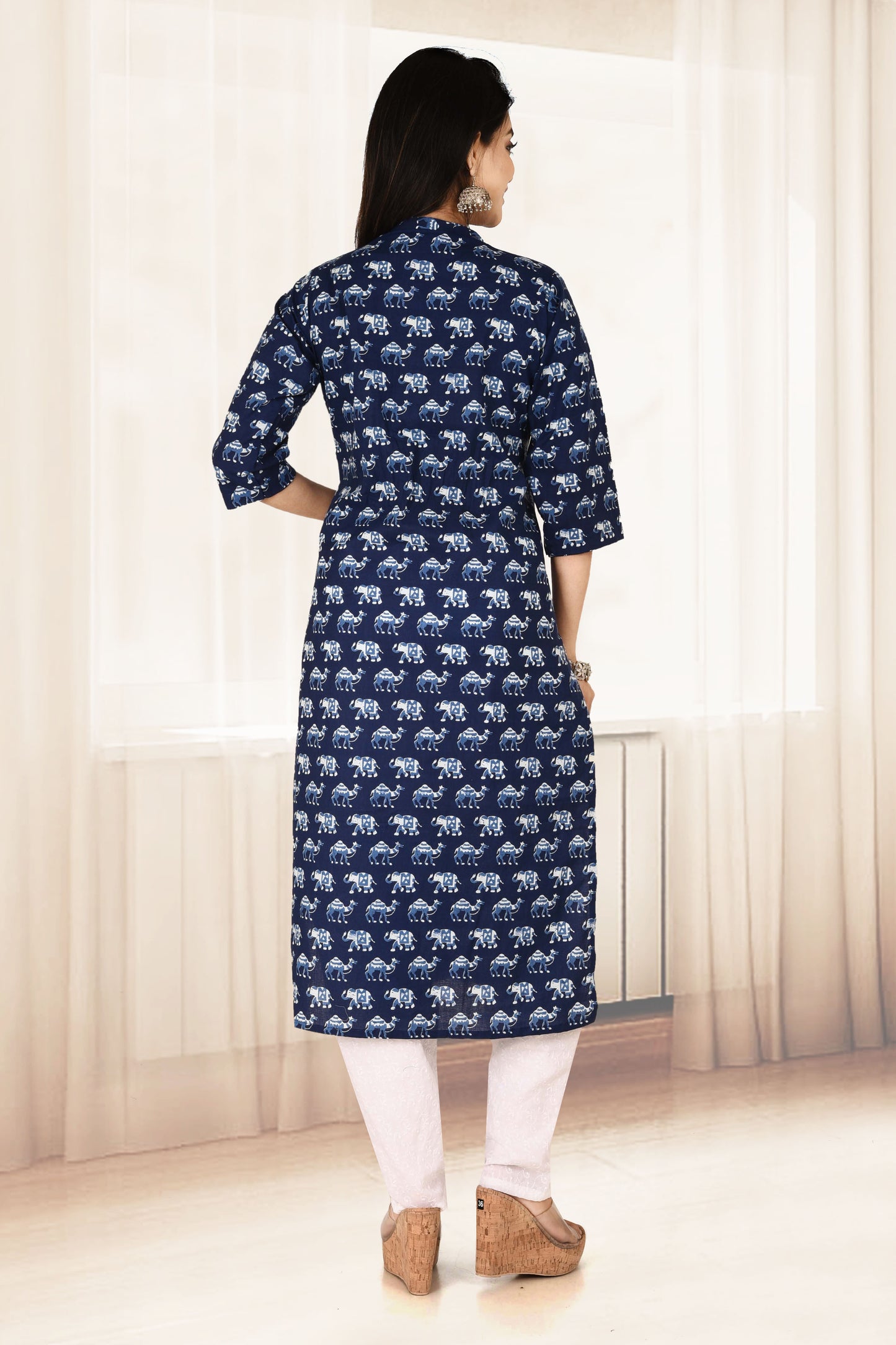 Navy Blue Elephant & Camel Print Straight Kurta