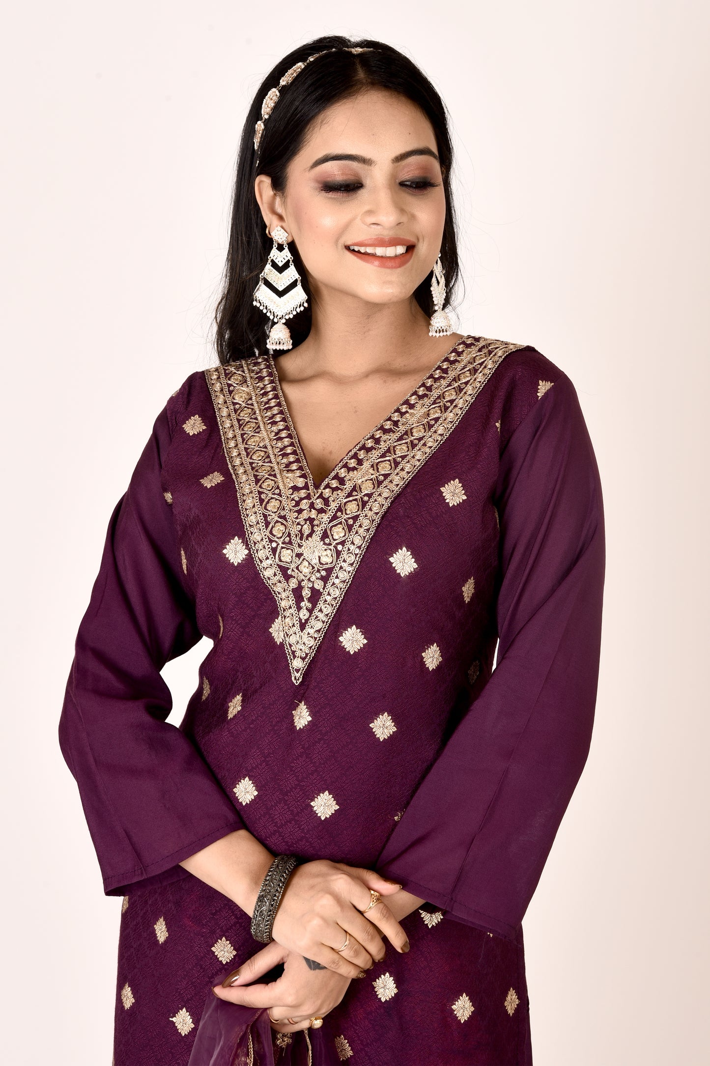 Purple Embroidered Kurta With Pant & Dupatta