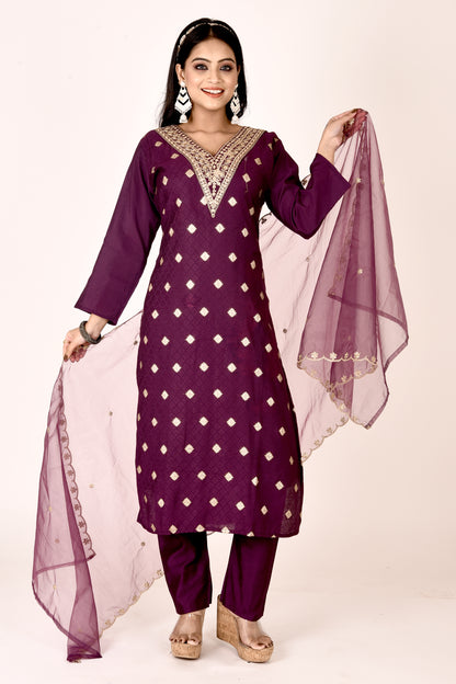 Purple Embroidered Kurta With Pant & Dupatta