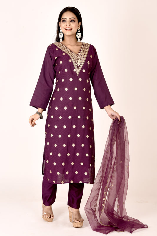 Purple Embroidered Kurta With Pant & Dupatta