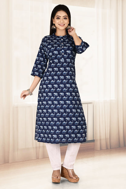 Navy Blue Elephant & Camel Print Straight Kurta