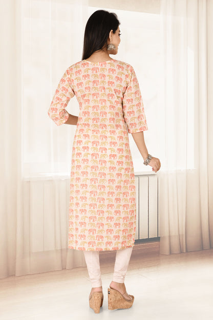 White & Orange Elephant Print Straight Kurta