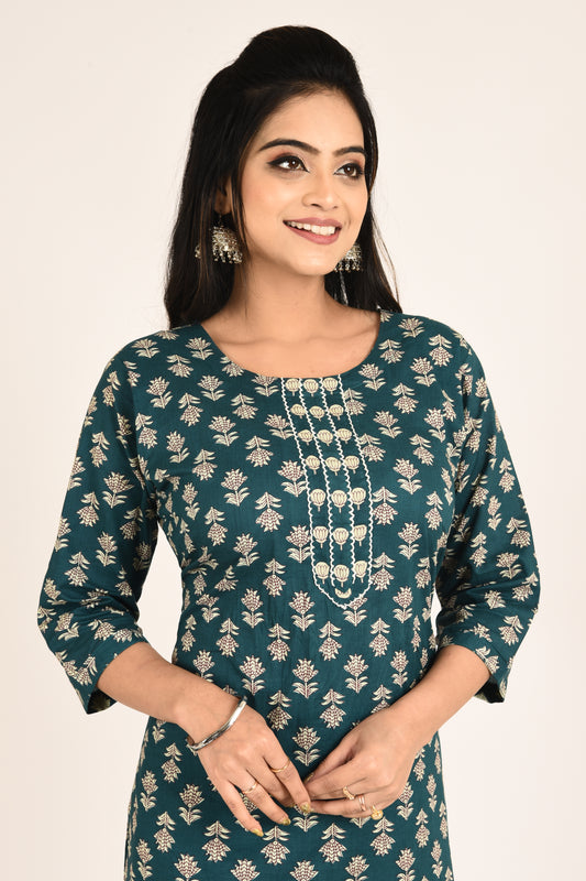 Teal Blue Stylized Lotus Print Kurta With Pant