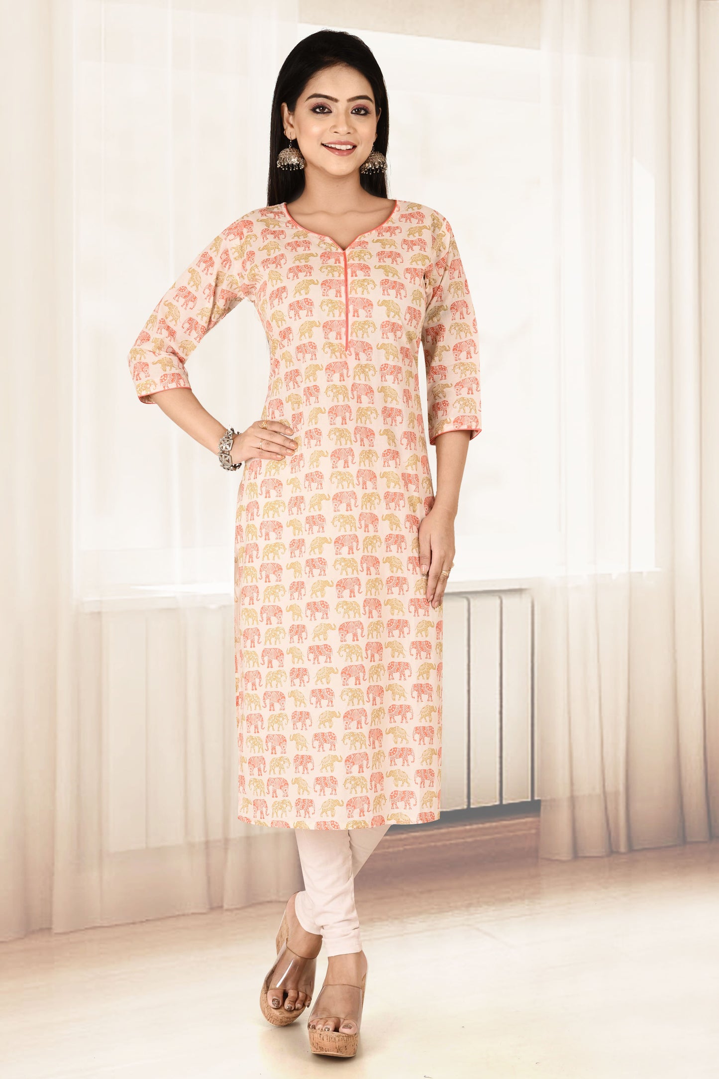 White & Orange Elephant Print Straight Kurta