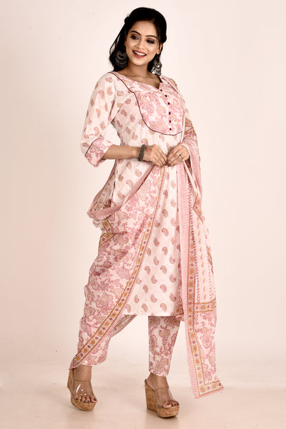 Off-White Paisley Print Kurta With Pant & Dupatta