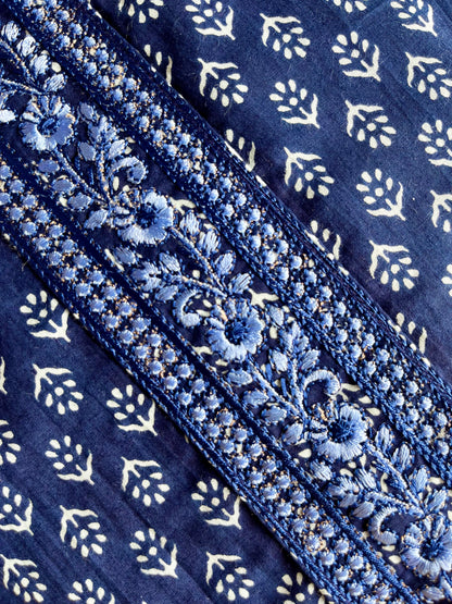 Indigo Blue Floral Embroidered Straight Kurta