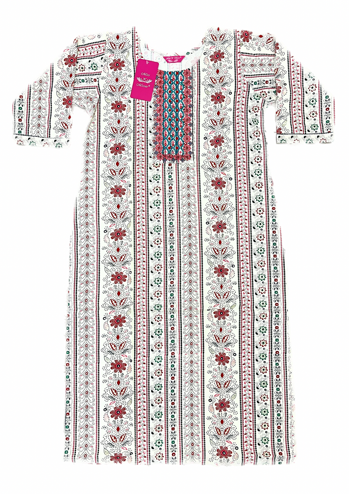 Off-White & Red Floral Embroidered Straight Kurta