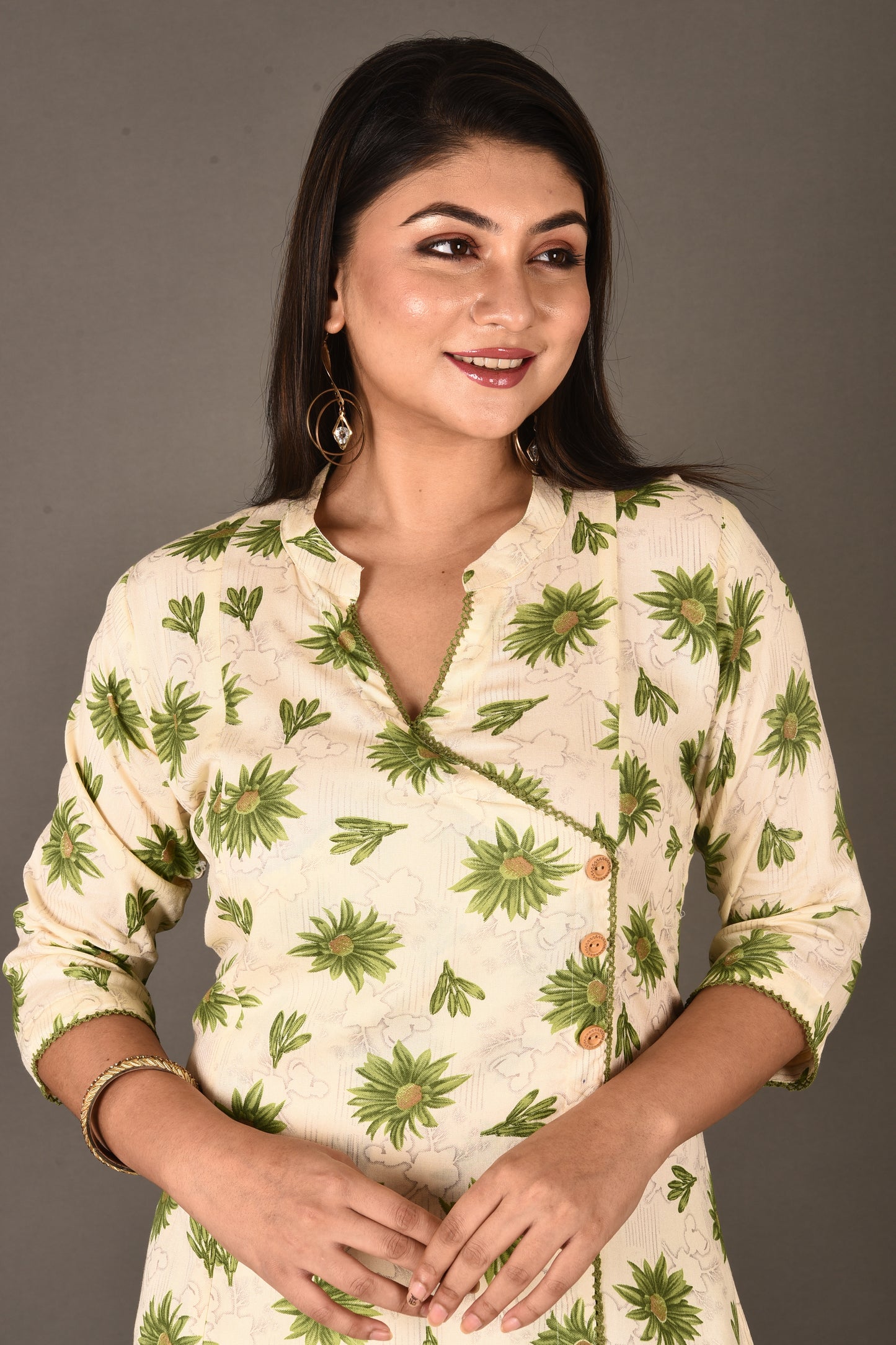 Off-White & Green Dahlia Print Angrakha Kurta With Pant