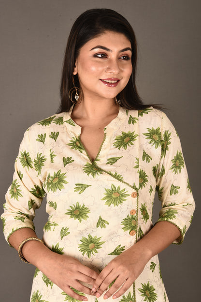 Off-White & Green Dahlia Print Angrakha Kurta With Pant