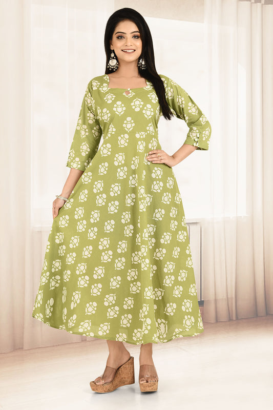 Light Green Floral Print Flared Dress