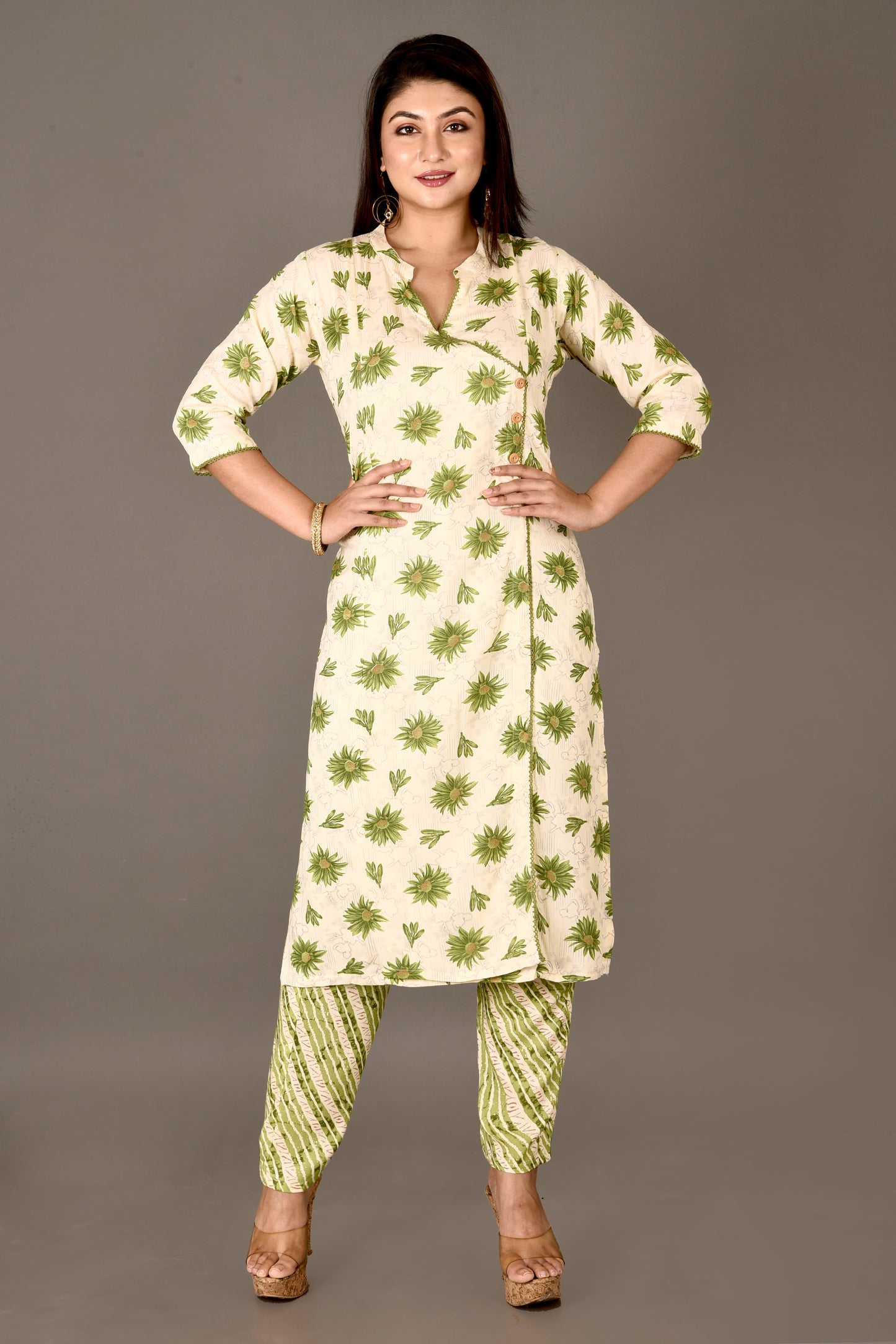 Off-White & Green Dahlia Print Angrakha Kurta With Pant