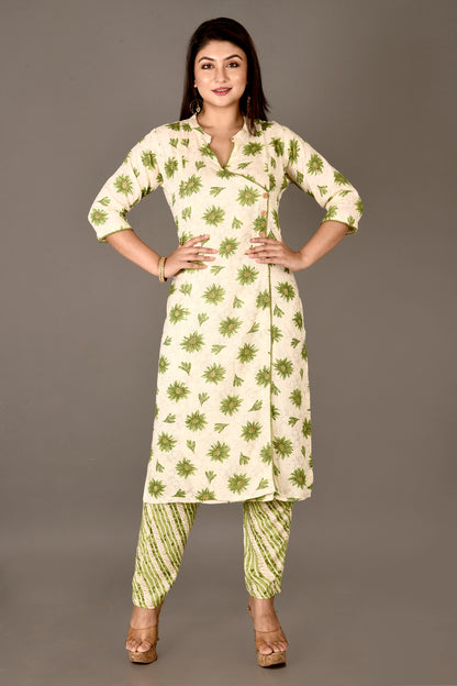 Off-White & Green Dahlia Print Angrakha Kurta With Pant