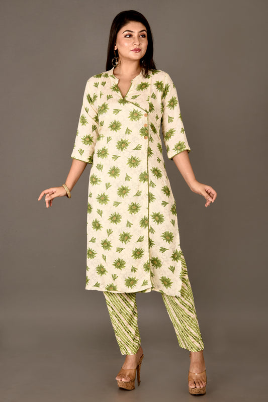 Off-White & Green Dahlia Print Angrakha Kurta With Pant