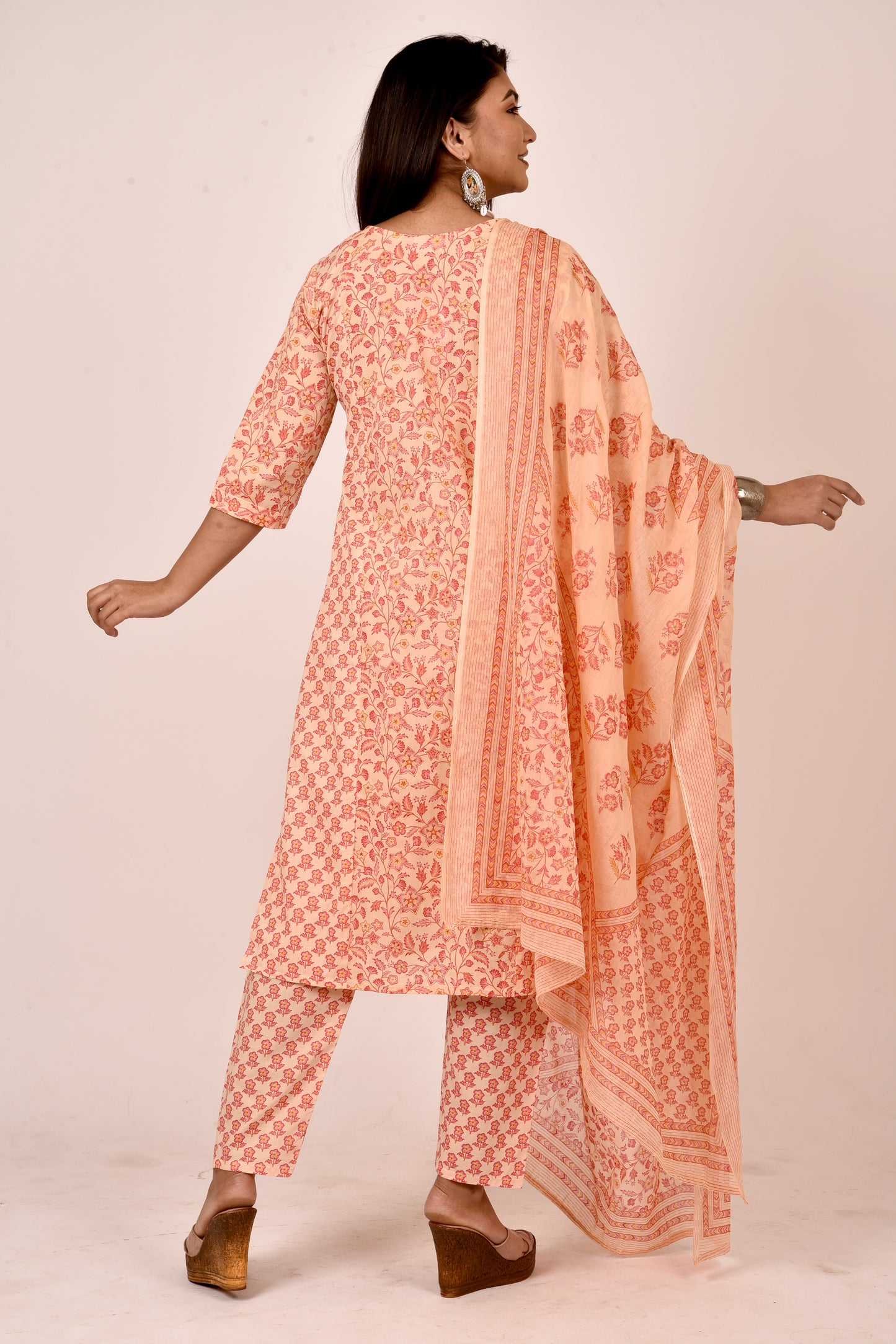 Peach Orange Mix-Match Floral Print Kurta With Pant & Dupatta