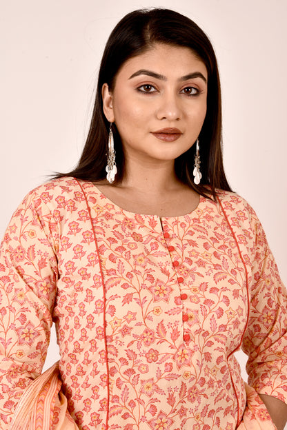 Peach Orange Mix-Match Floral Print Kurta With Pant & Dupatta