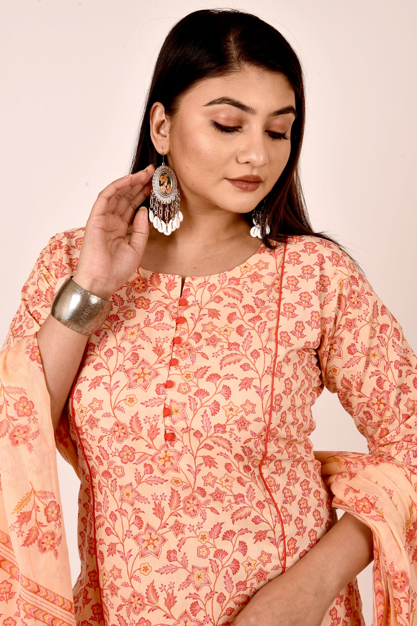 Peach Orange Mix-Match Floral Print Kurta With Pant & Dupatta