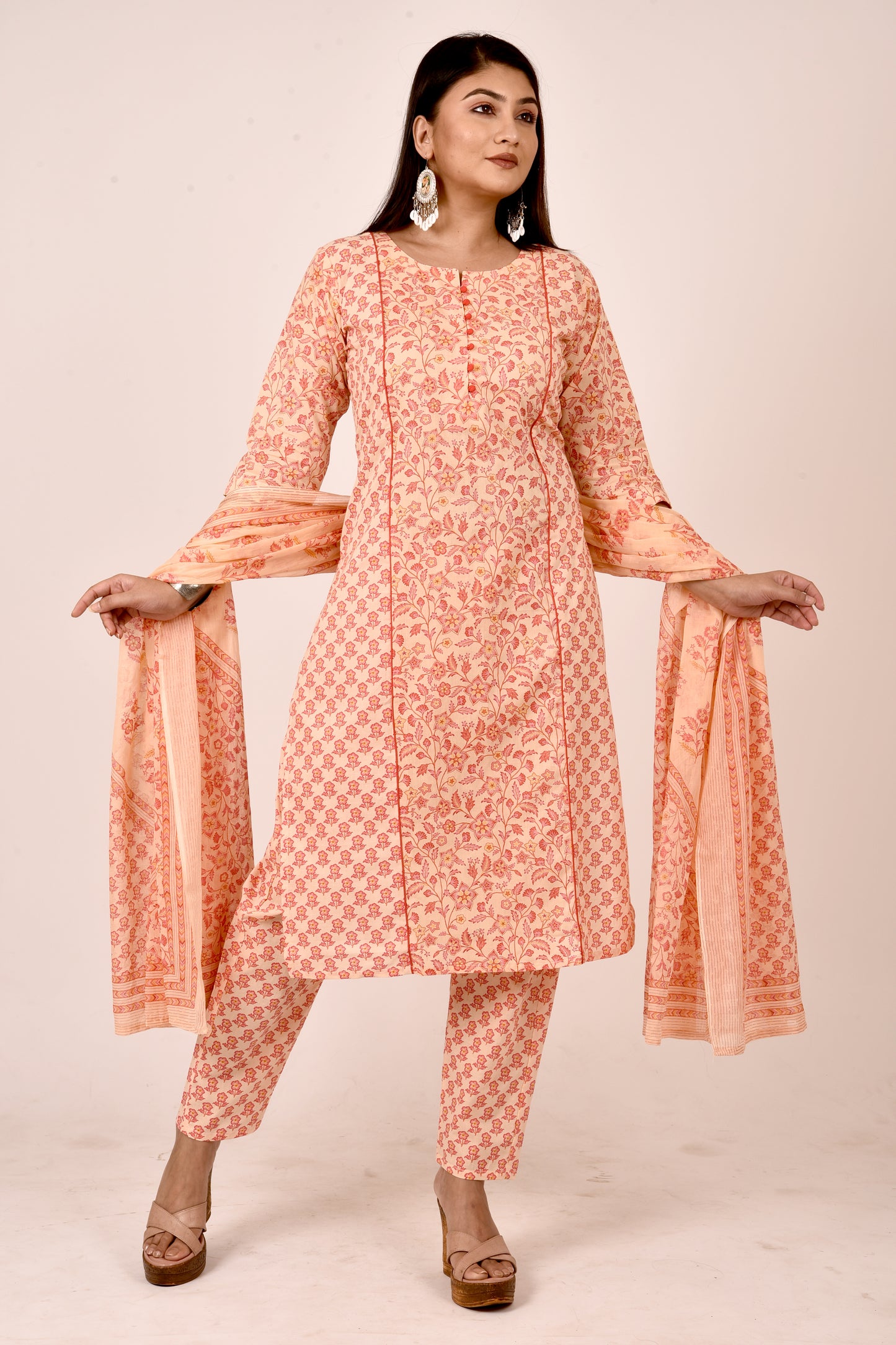 Peach Orange Mix-Match Floral Print Kurta With Pant & Dupatta