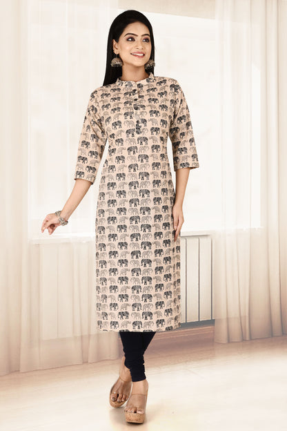 Off-White & Black Elephant Print Straight Kurta