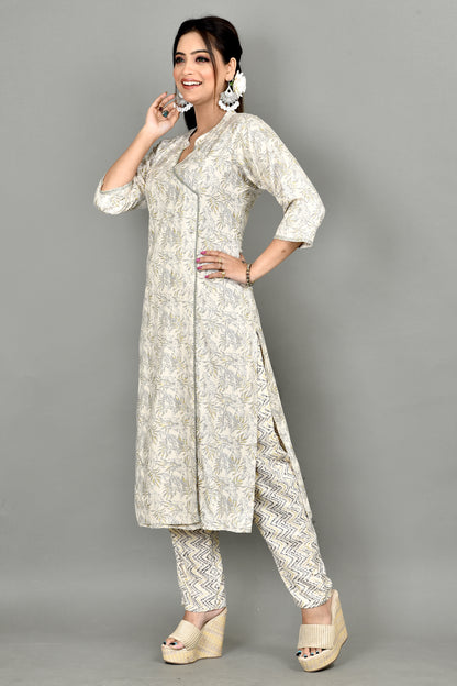Off-White & Grey Geometric Print Angrakha  Kurta With Pant