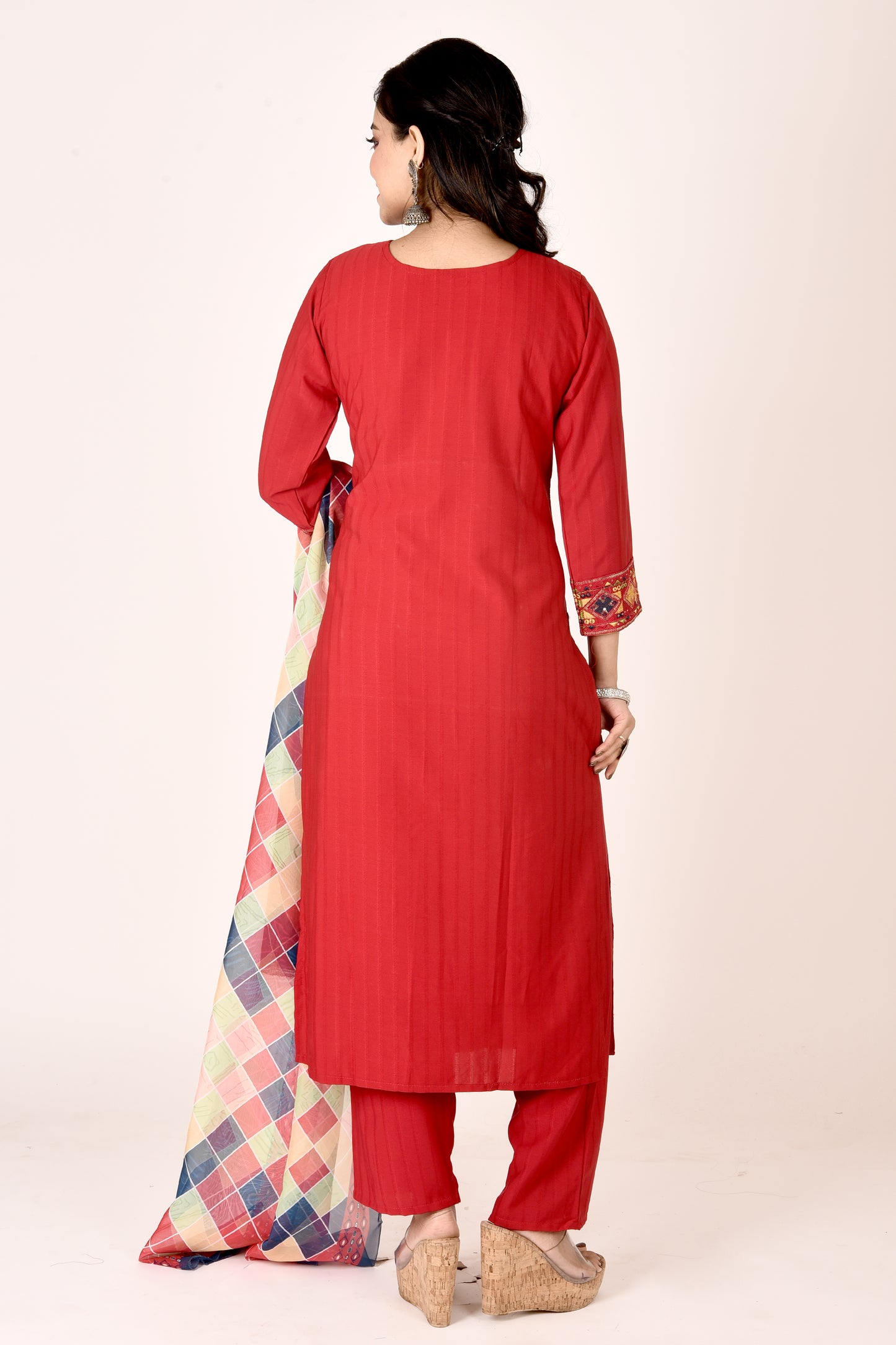 Ruby Red Embroidered Kurta With Pant & Dupatta