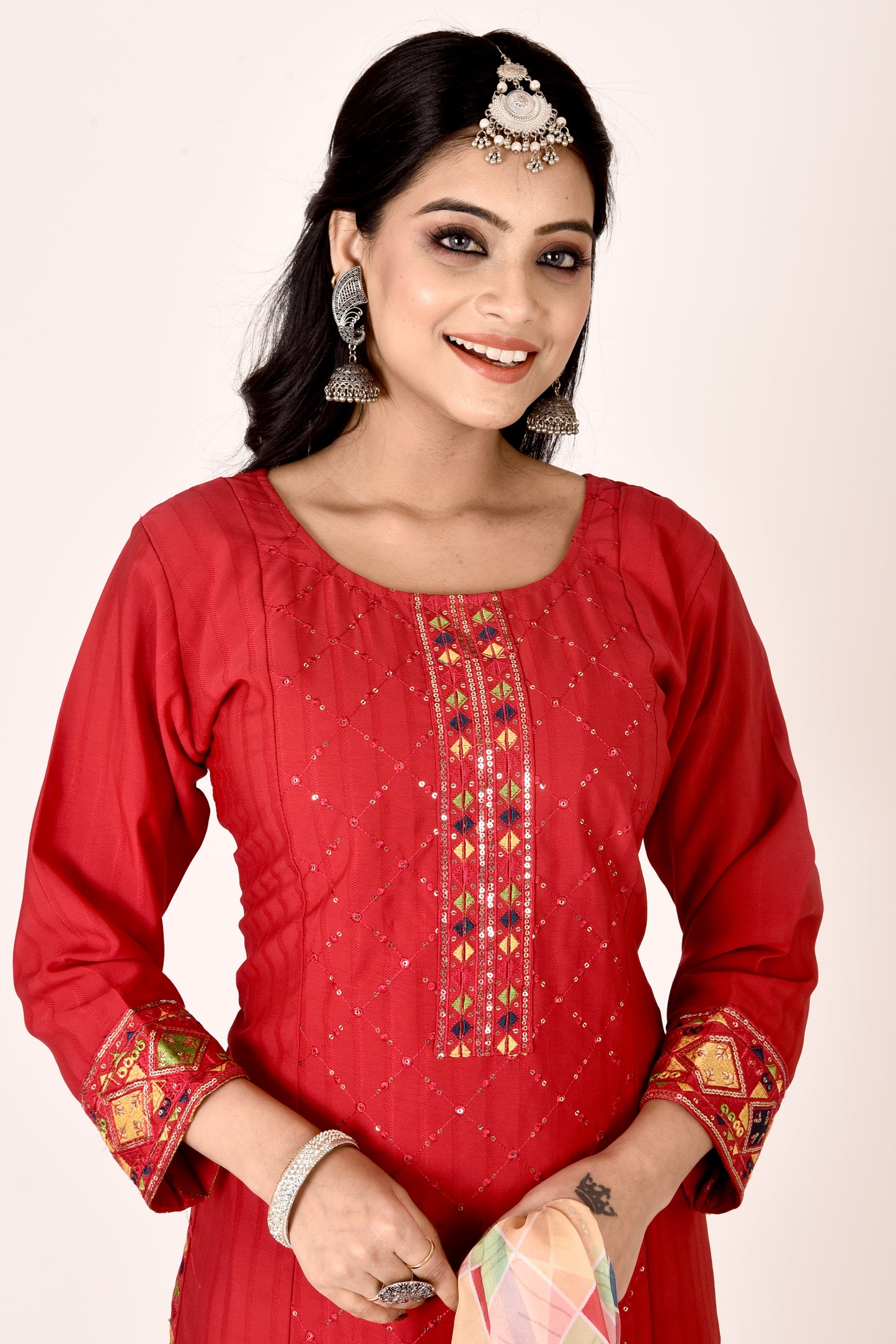 Ruby Red Embroidered Kurta With Pant & Dupatta