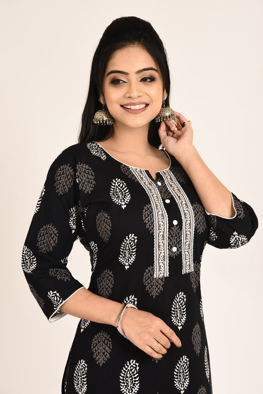 Black Floral Paisley Print Kurta With Pant