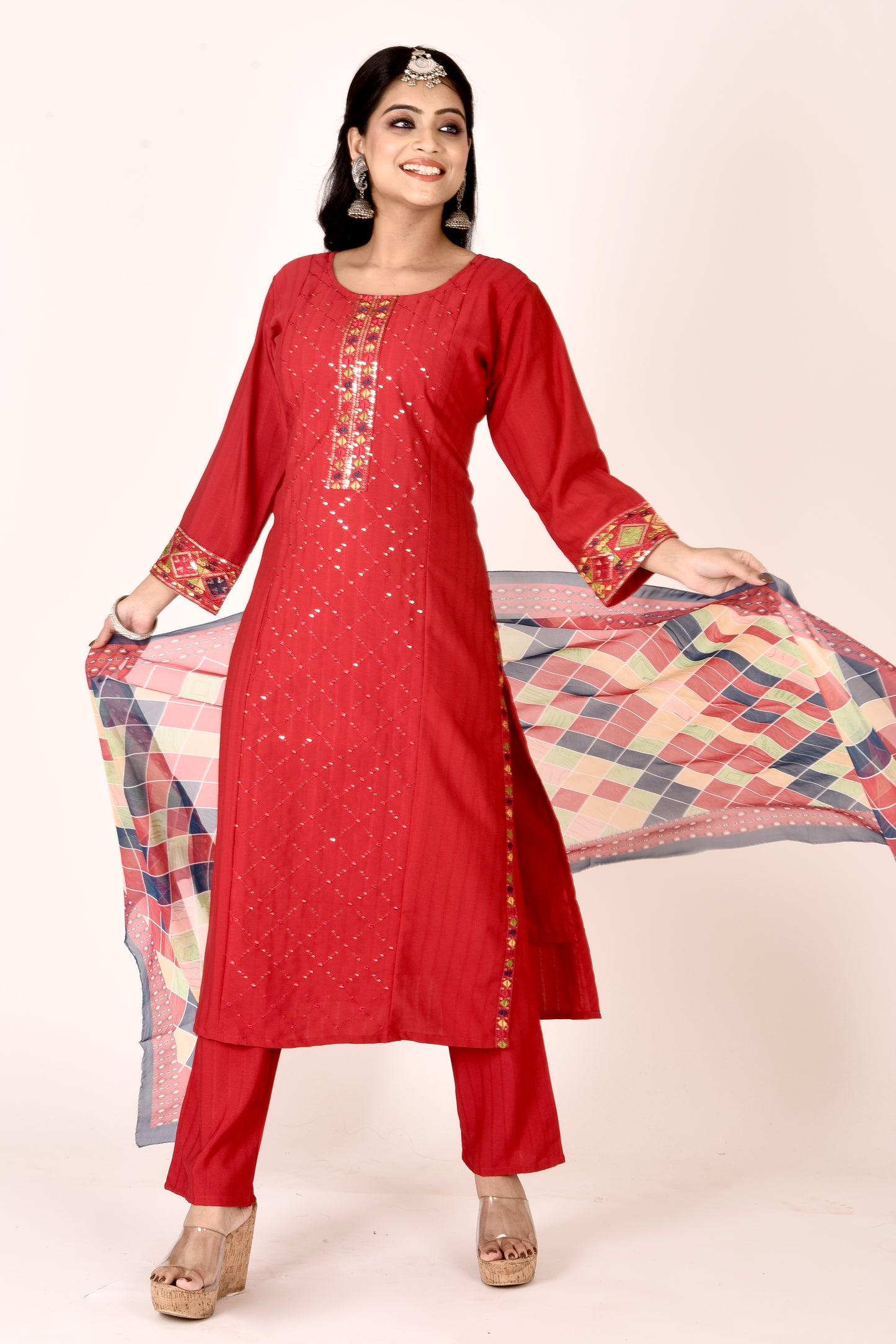 Ruby Red Embroidered Kurta With Pant & Dupatta