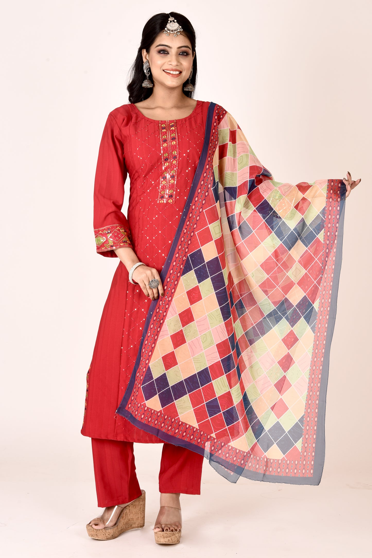 Ruby Red Embroidered Kurta With Pant & Dupatta