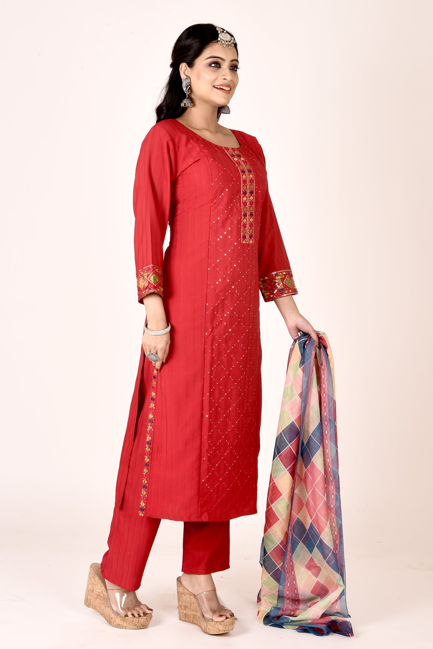 Ruby Red Embroidered Kurta With Pant & Dupatta