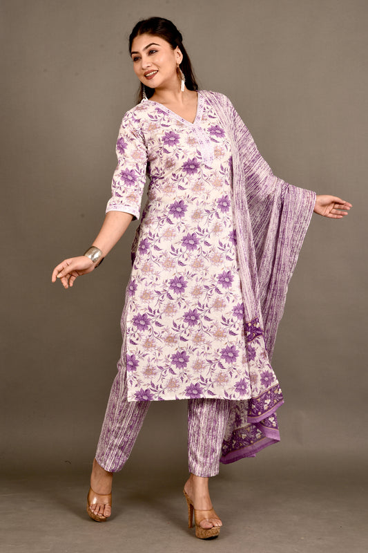 Off-White & Purple Dahlia Print Kurta With Pant & Dupatta