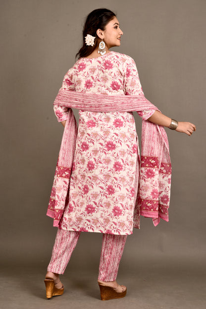 Off-White & Pink Dahlia Print Kurta With Pant & Dupatta