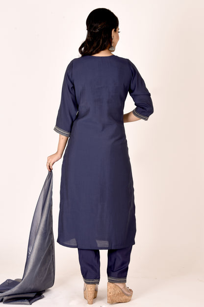 Dark Blue Embroidered Kurta With Pant & Dupatta