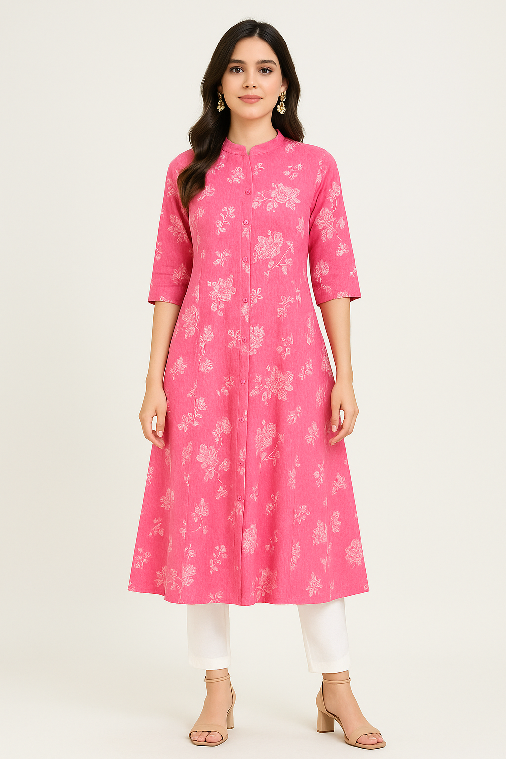 Pink Floral Print A-Line Kurta
