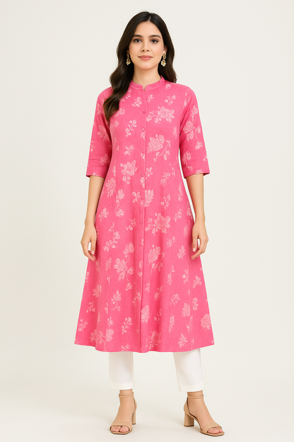 Pink Floral Print A-Line Kurta