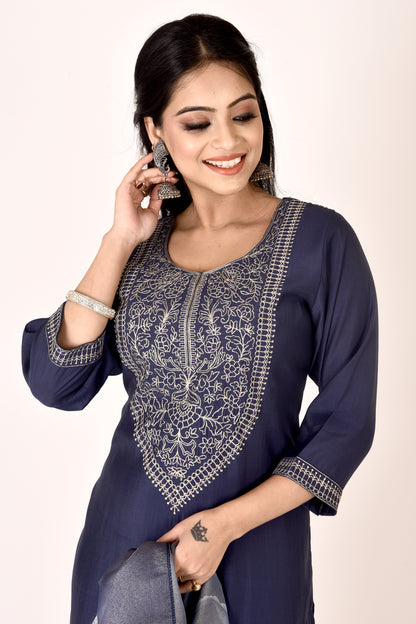 Dark Blue Embroidered Kurta With Pant & Dupatta